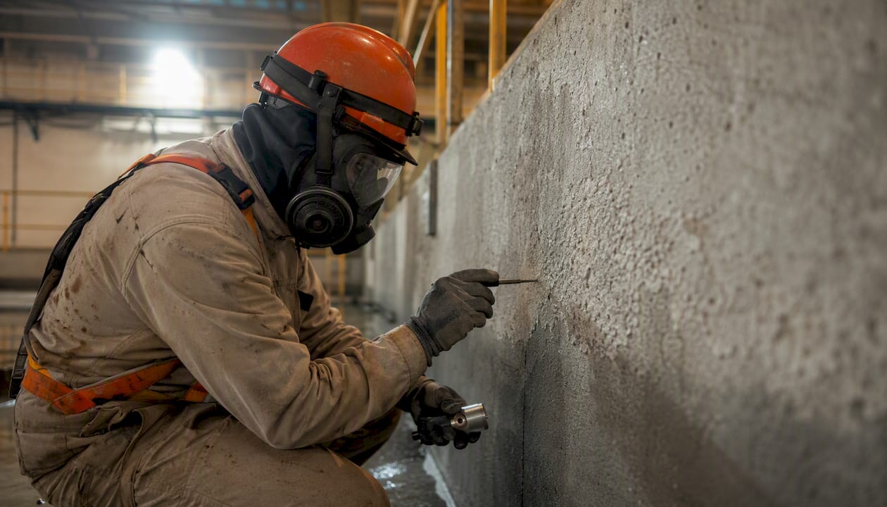 Worker inspecting blasted steel inside water tank