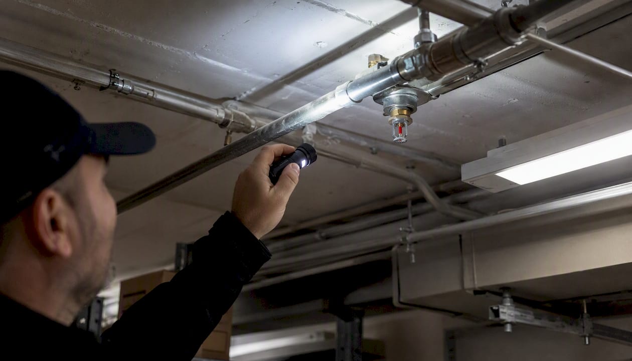 Hand holding flashlight inspecting sprinkler