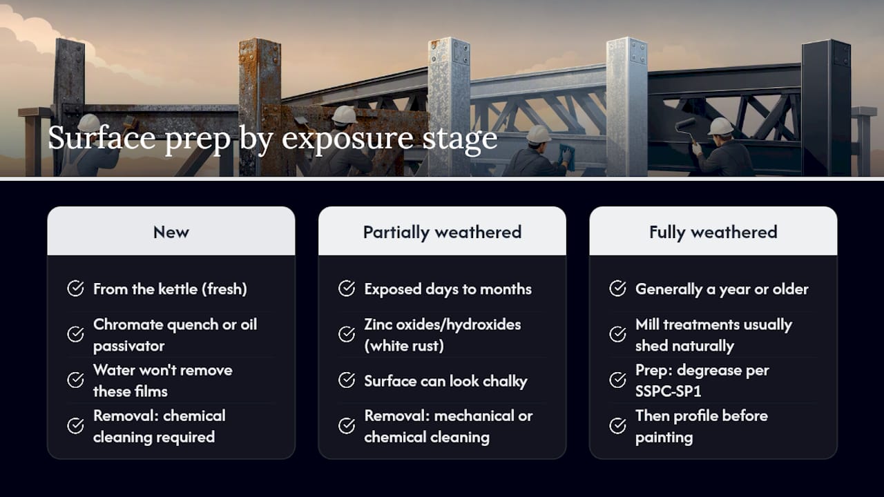 Diagram showing galvanized steel weathering stages and prep steps