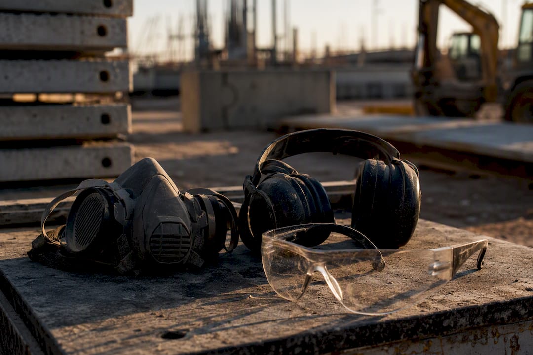 Close-up of respirator and hearing protection gear