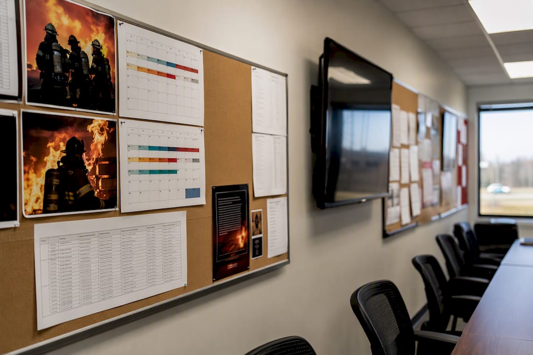 Office wall with local fire code maps and notices