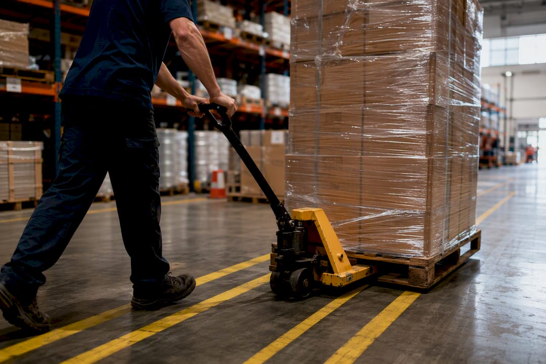 Pallet jack moving down striped warehouse aisle
