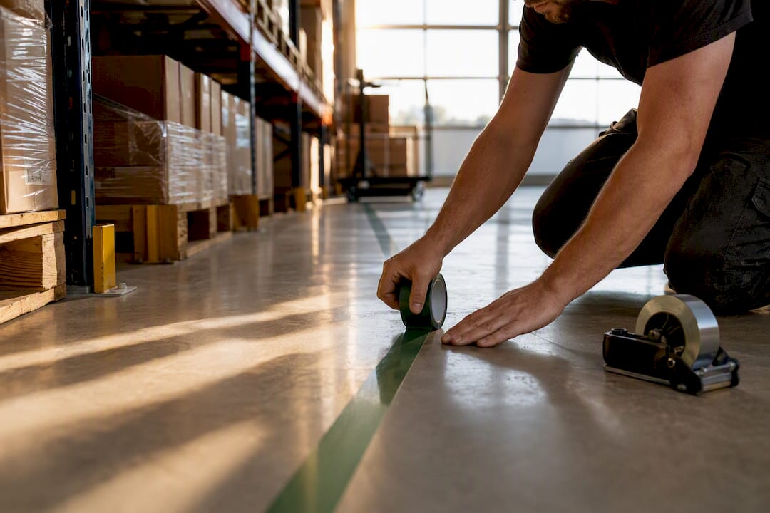Hands applying floor tape in warehouse aisle