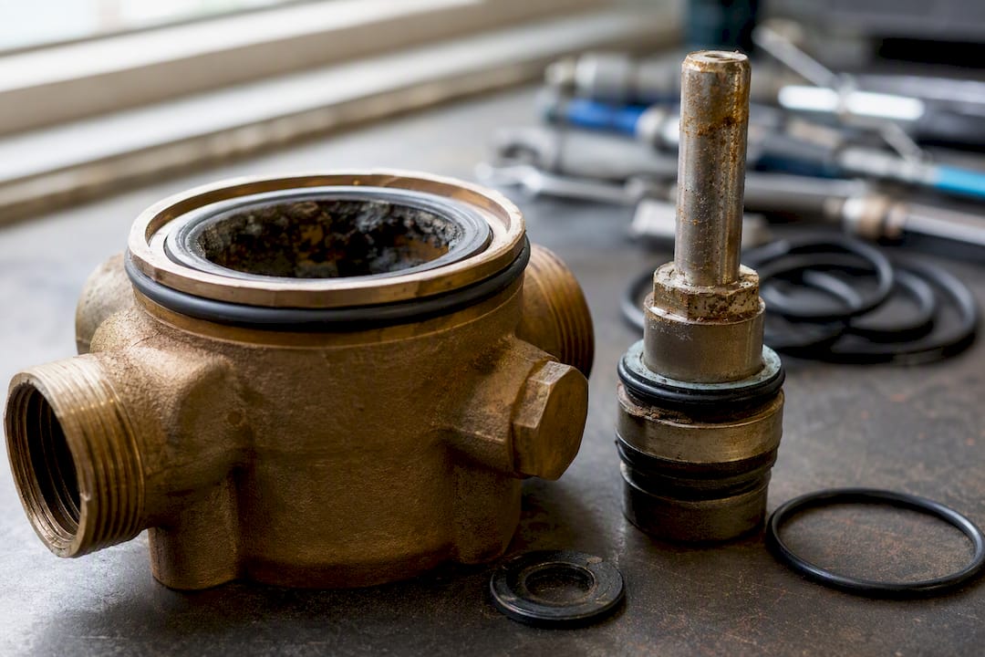 Worn backflow valve parts close-up