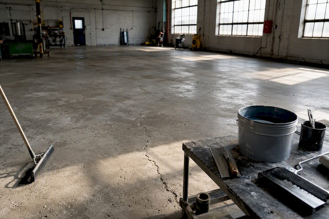 Rough concrete floor with epoxy prep tools