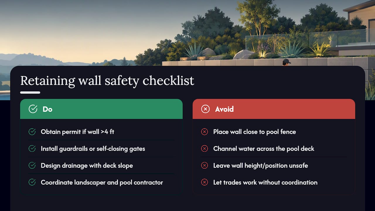 Do You Need a Retaining Wall for Your Pool? 1 Diagram of retaining wall safety and building code features for pools