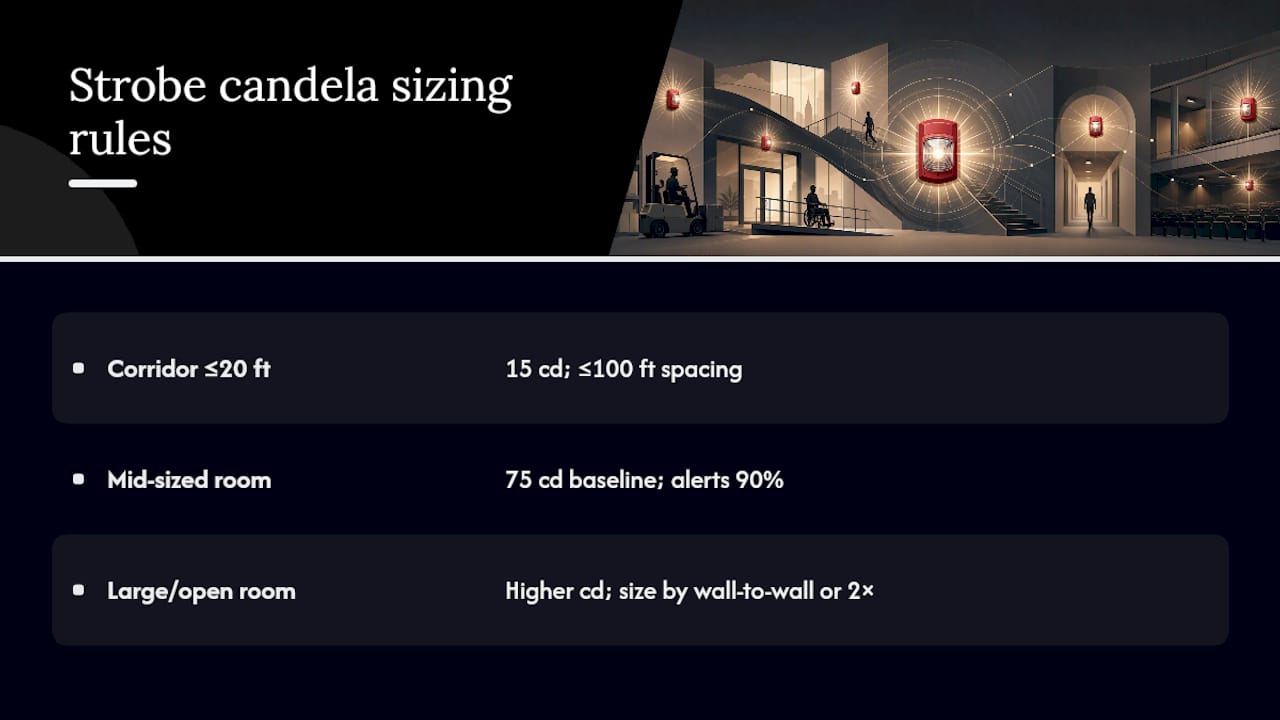Diagram of fire alarm strobe candela ratings and room coverage