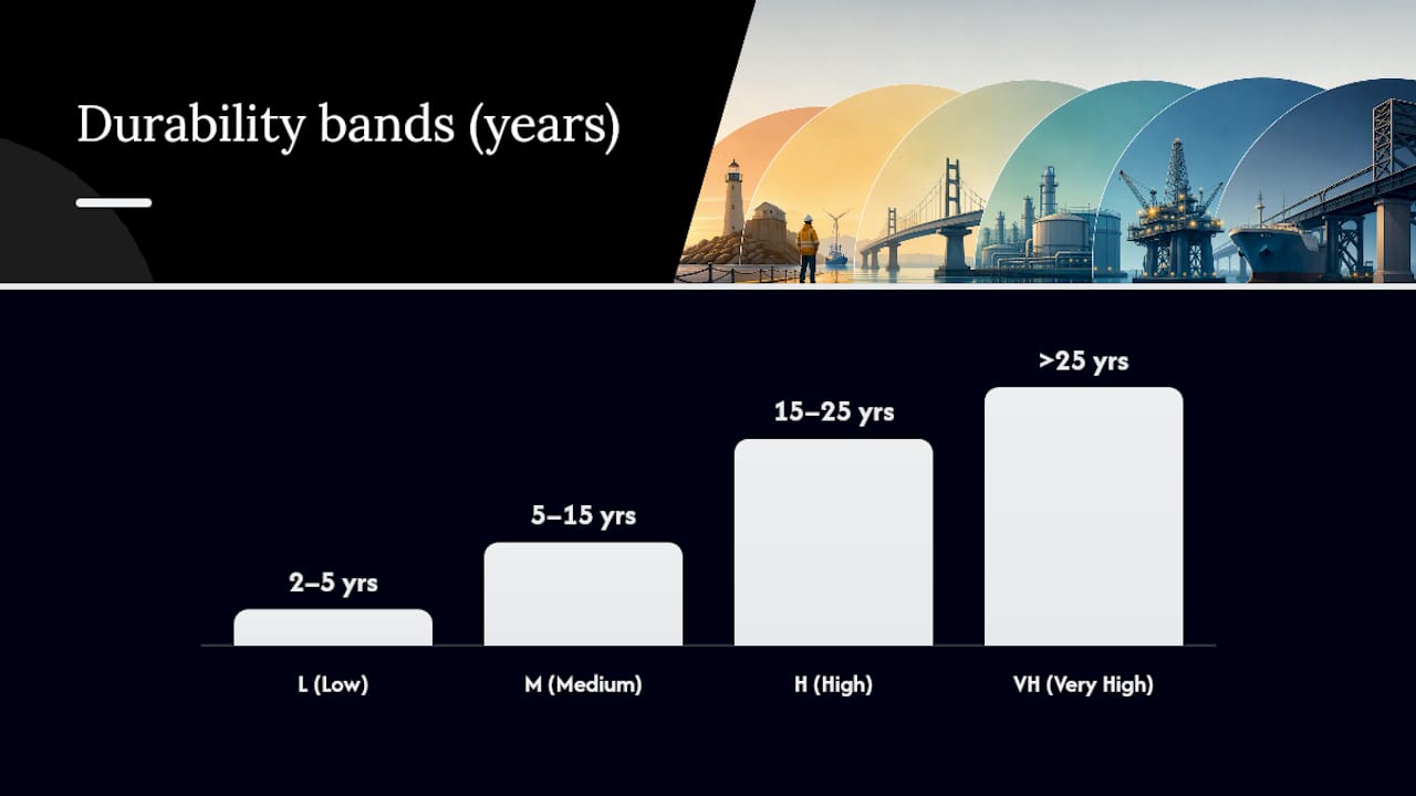 Diagram comparing ISO 12944 durability bands and film thicknesses