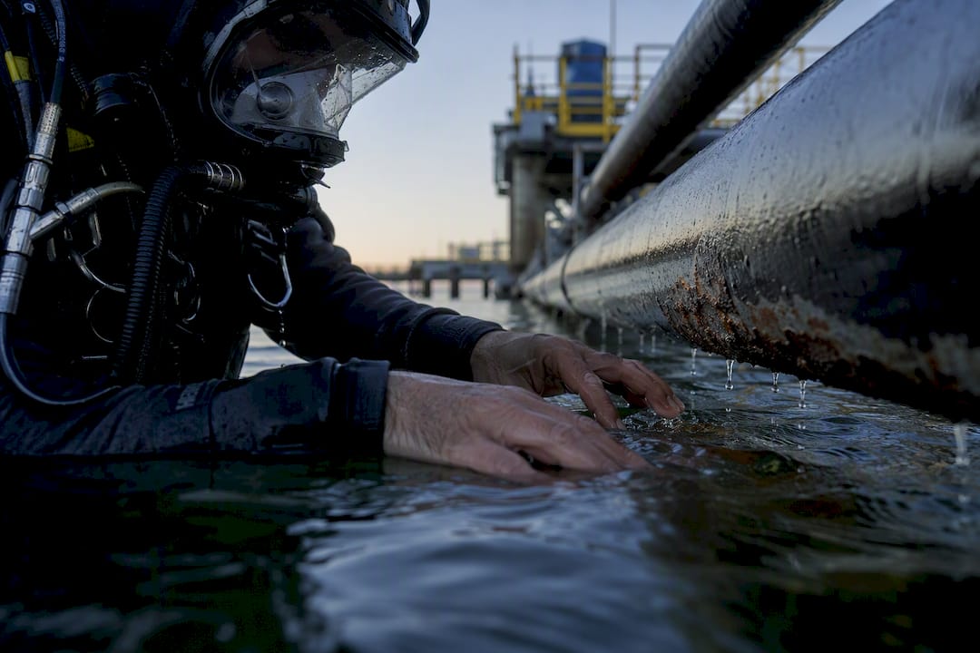 Hands inspecting submerged steel pipe surface
