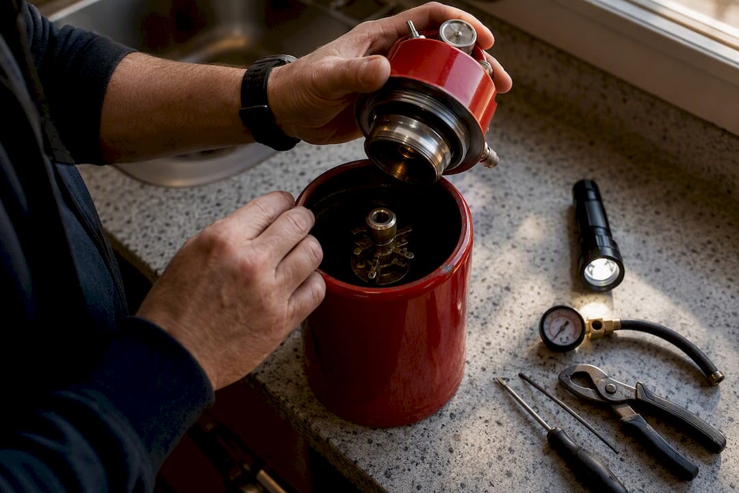 Technician hands inspecting fire extinguisher internals