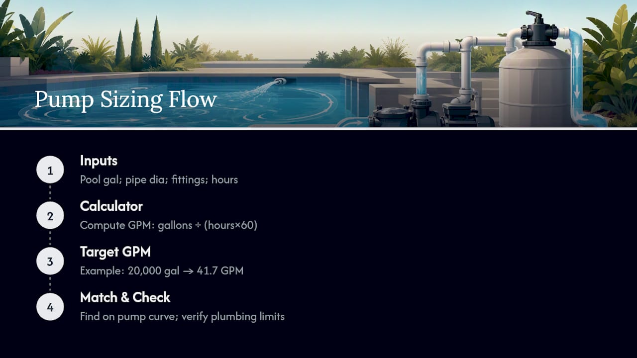 Homeowners: Calculate GPM and Size Your Pool Pump for an 8 Hour Turnover 1 Diagram of pool pump sizing calculator process