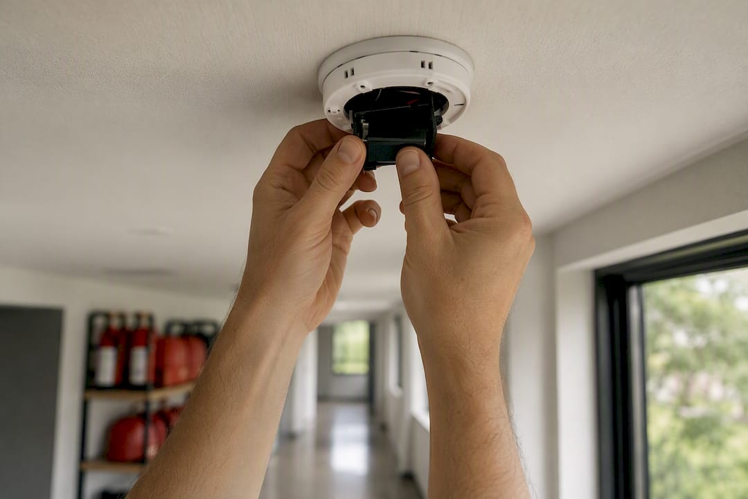 Hands removing old fire alarm battery