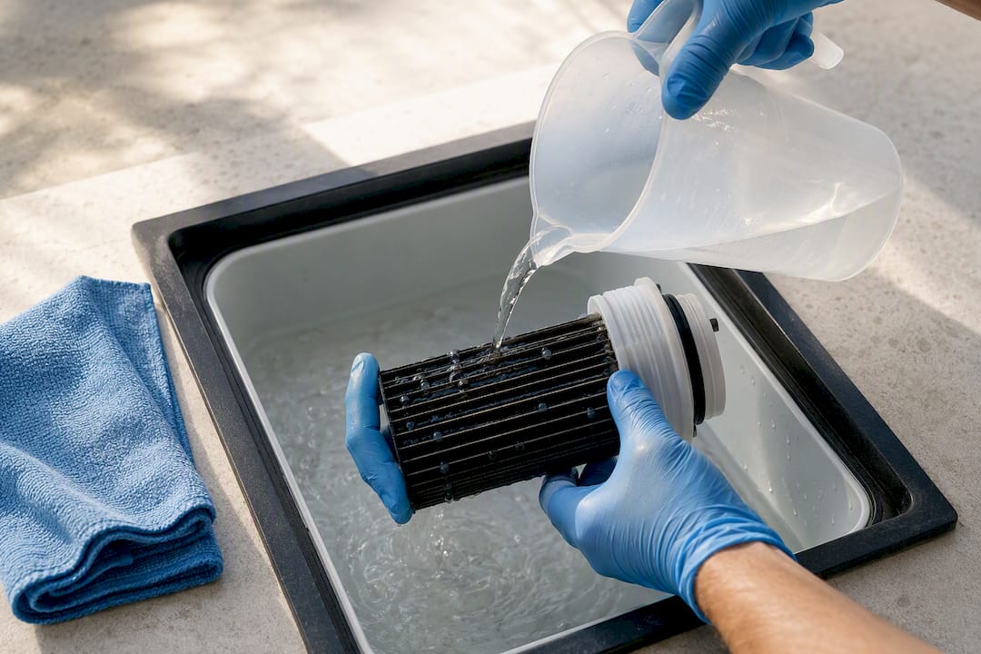 $1,000–$7,000 Saltwater Conversion Cost for Homeowners: Checklist 2 Hands rinsing a salt chlorinator cell