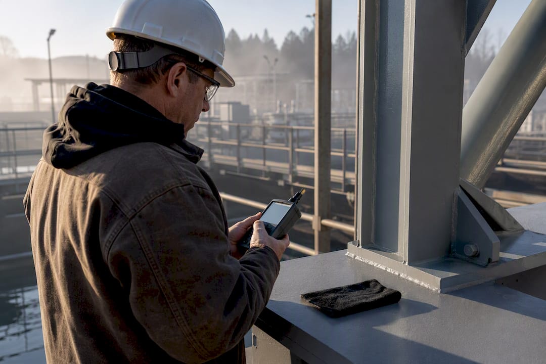Inspector checking dew point near steel