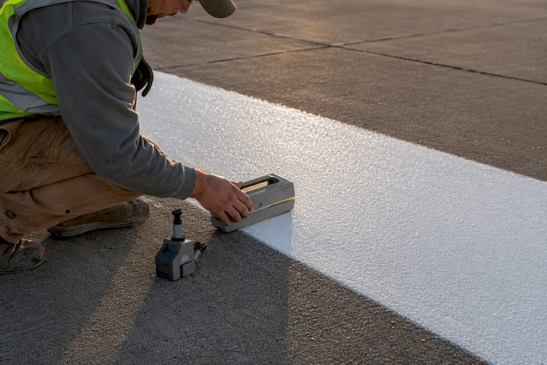 Technician testing a runway paint control strip