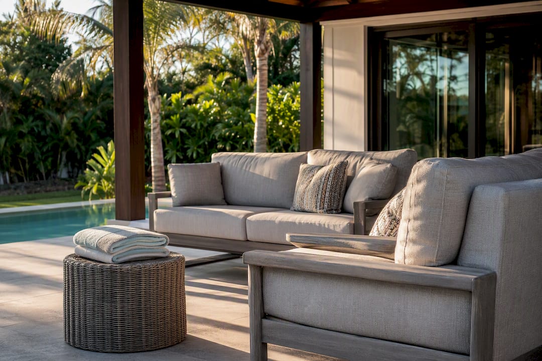 Quick-dry lounge seating under pergola