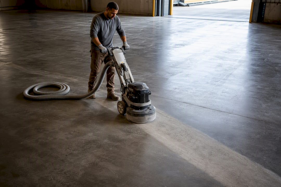 Technician mechanically profiling concrete slab