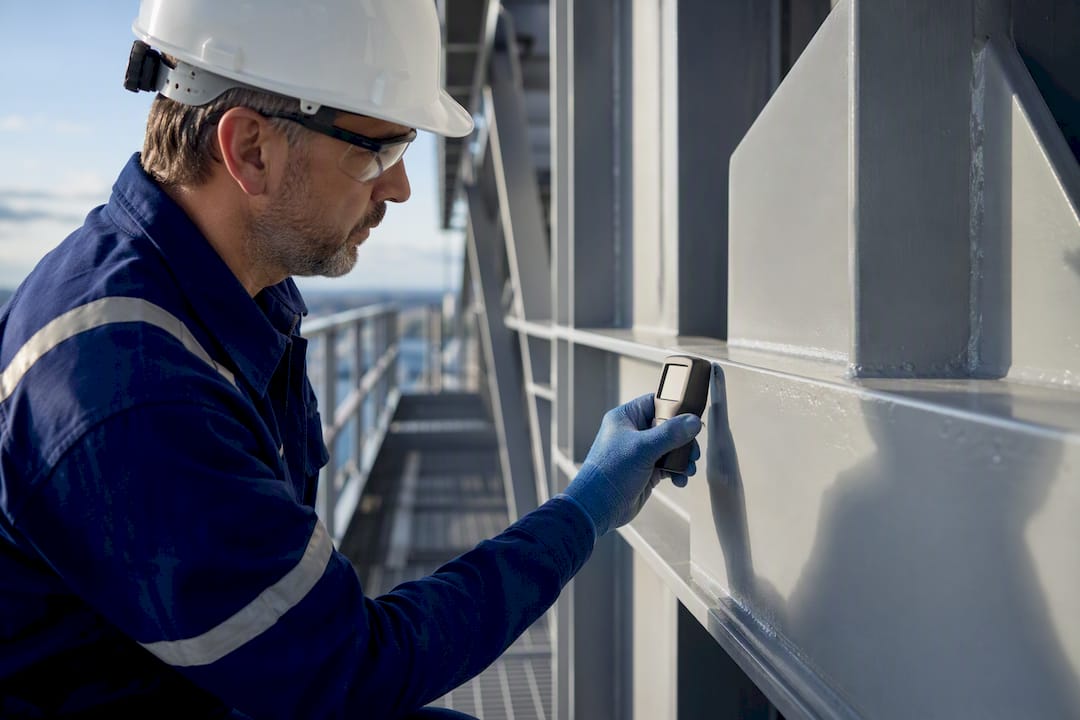 Inspector measuring coating thickness on steel