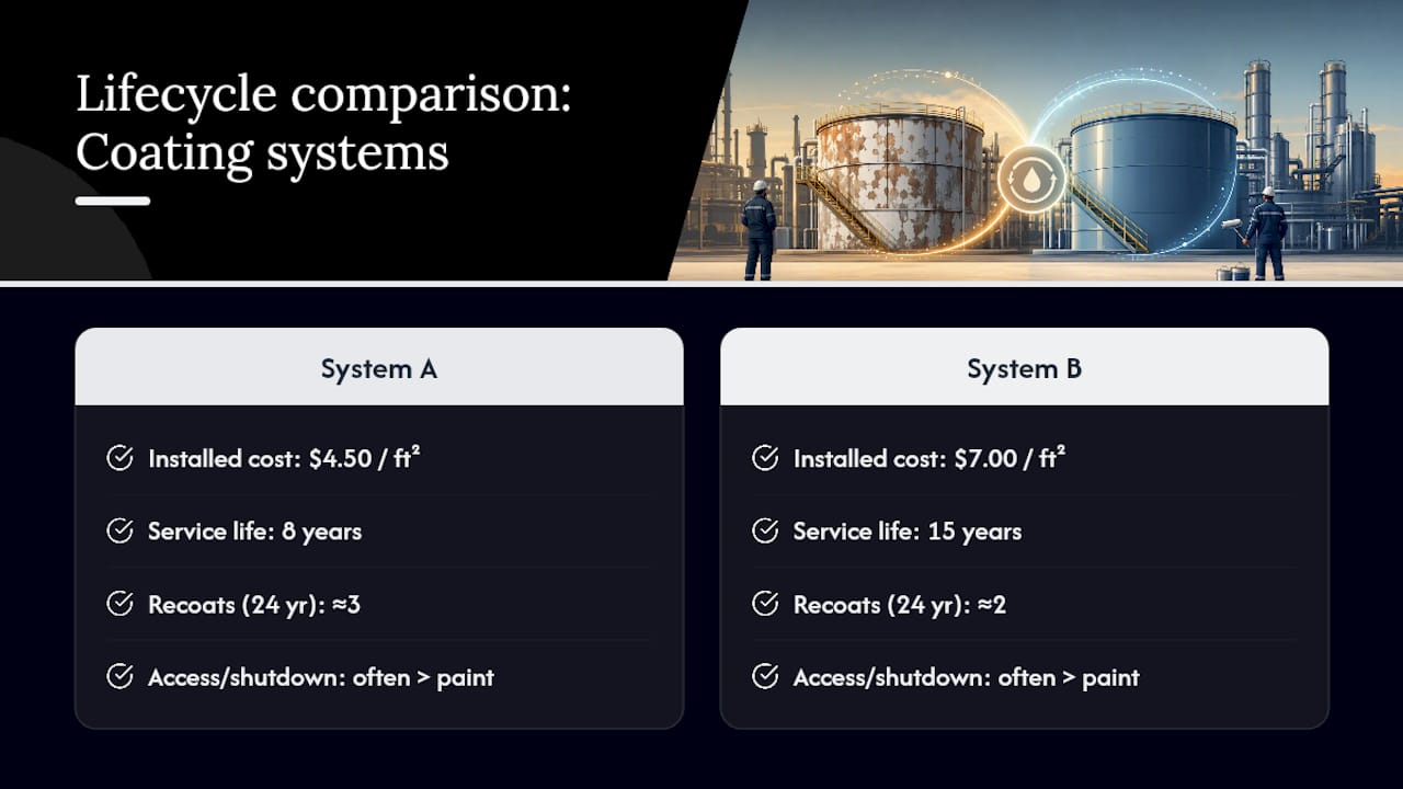 Lifecycle cost comparison for two coating systems