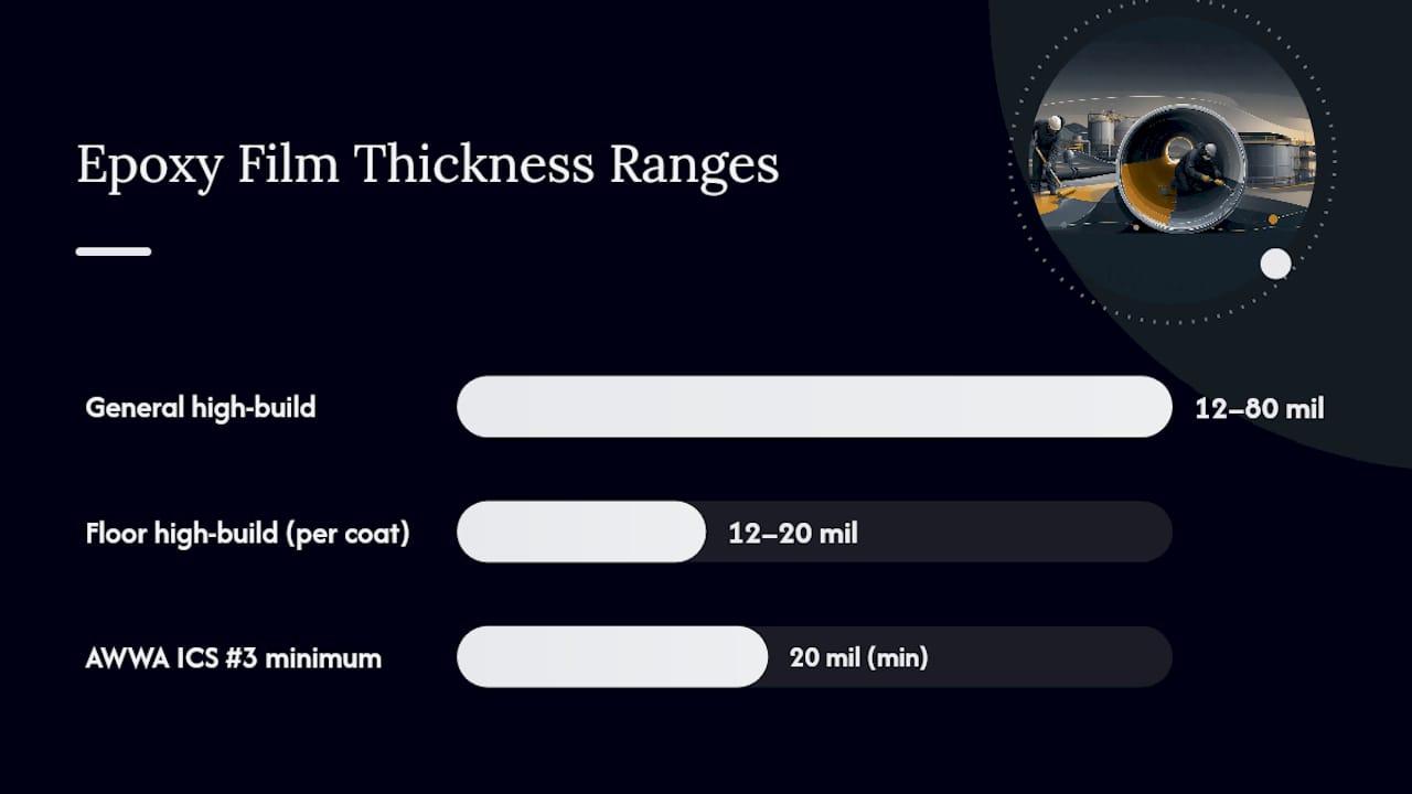 Epoxy thickness ranges and cure milestones