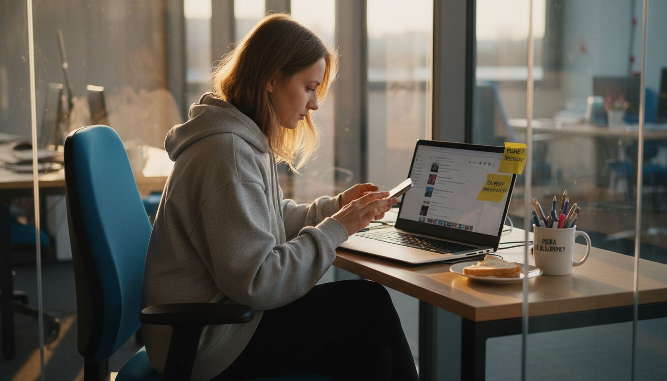 Kobieta zajmuje się prowadzeniem mediów społecznościowych, pracując przy swoim biurku.
