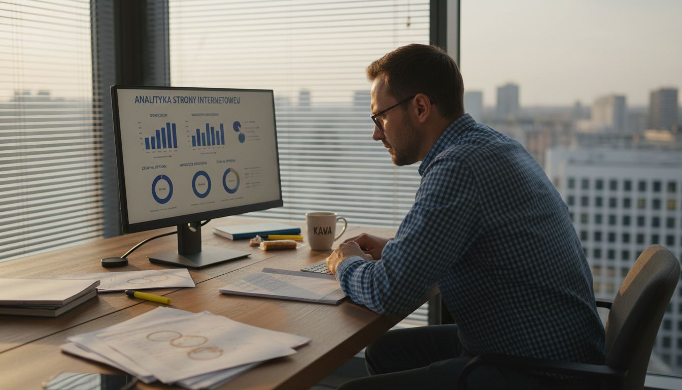 Specjalista SEO analizuje statystyki strony internetowej w firmowym biurze.