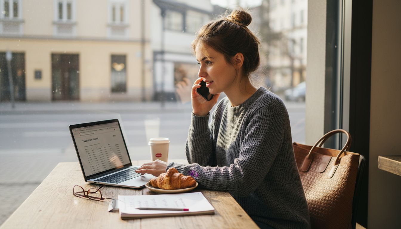 Właściciel małej firmy pracuje przy laptopie i jednocześnie korzysta z telefonu.