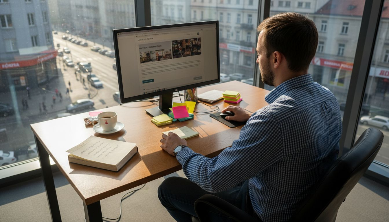 Przedsiębiorca pracuje nad stroną internetową swojej firmy w biurze.