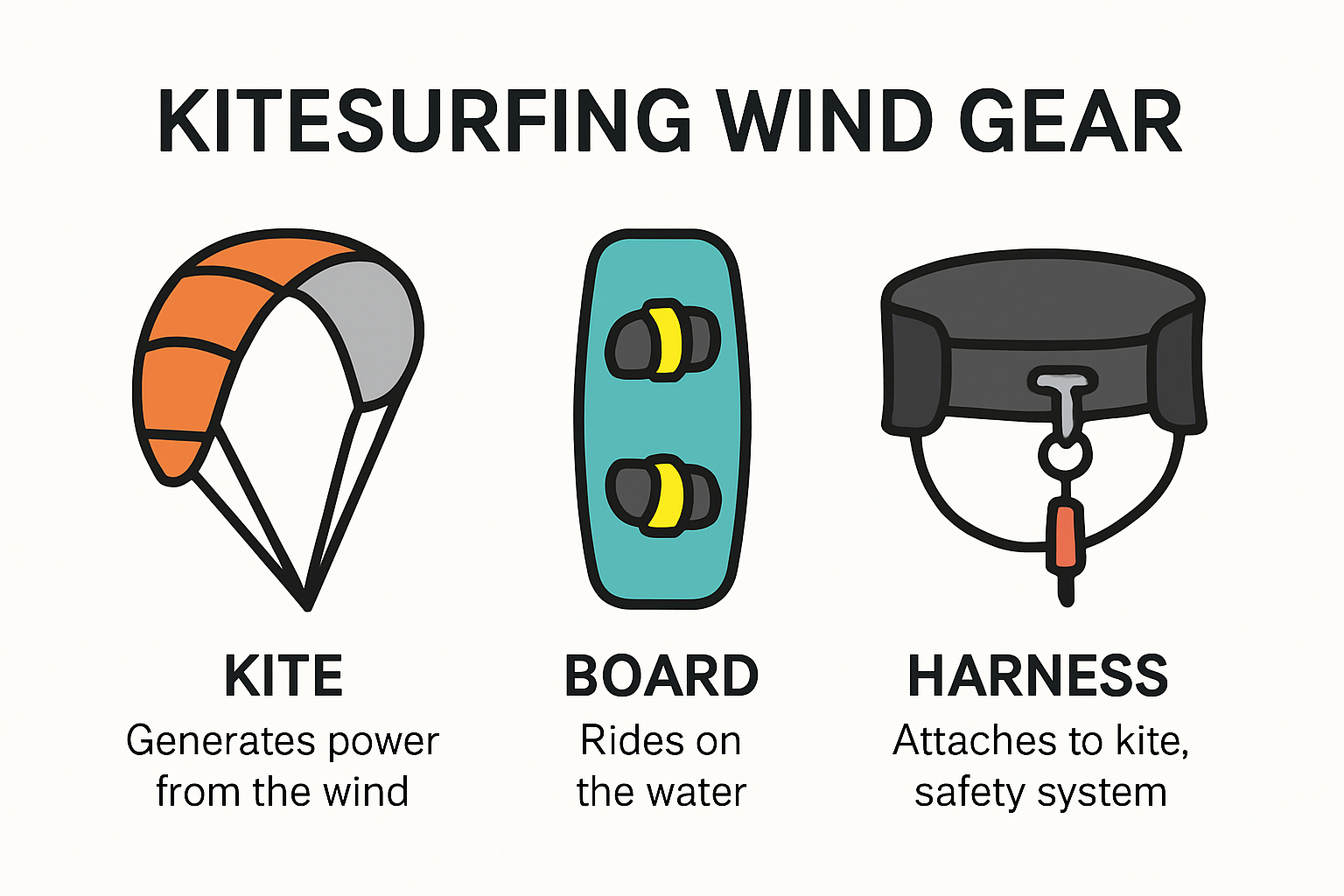 Diagram of basic kitesurfing wind gear components and functions