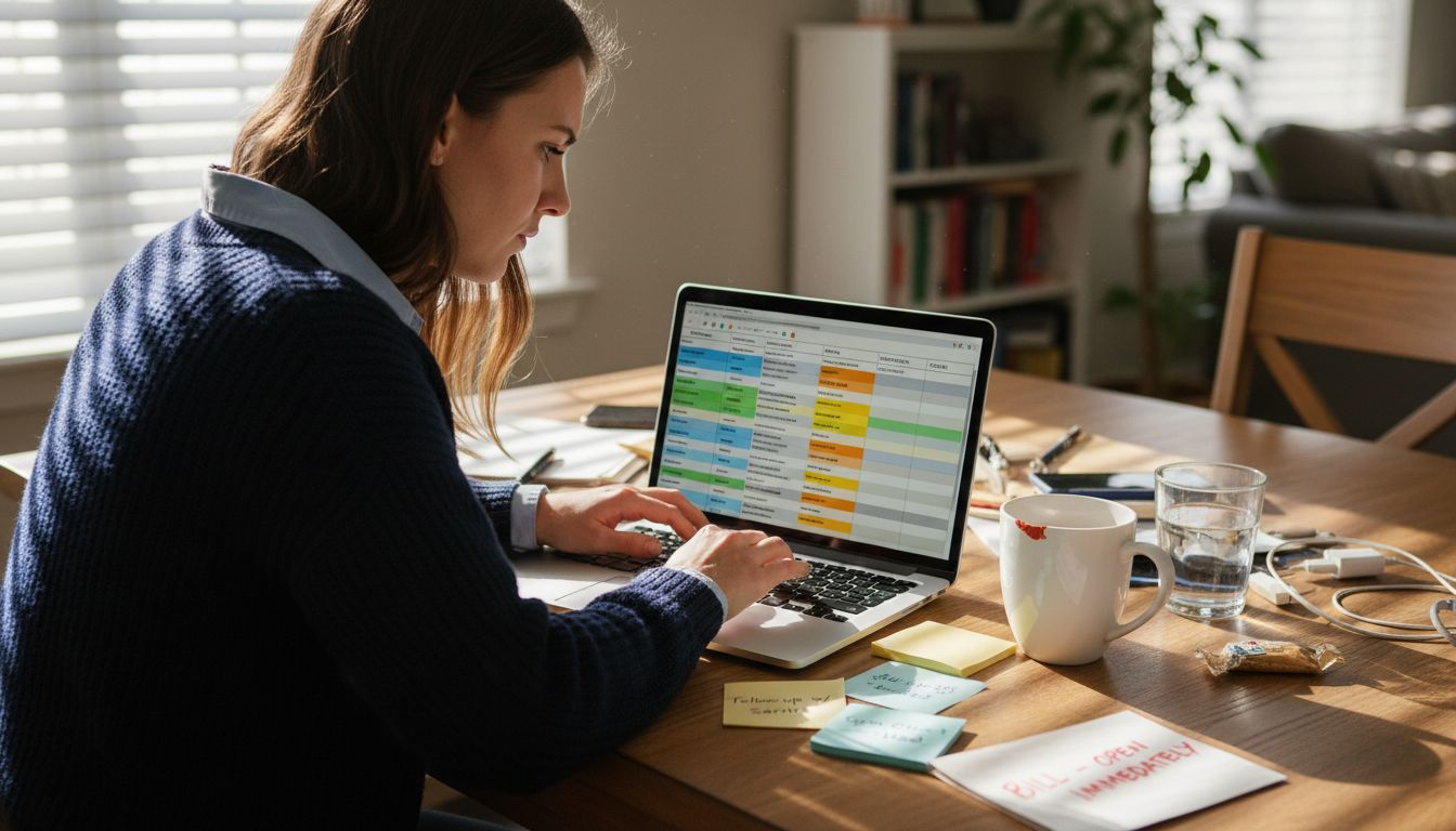 Person segmenting email lists at dining table