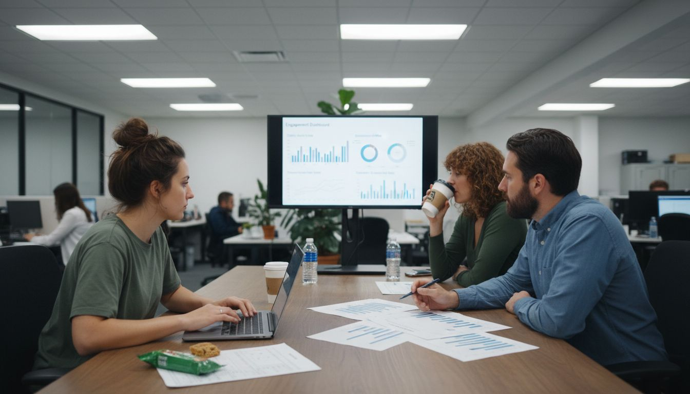 Team discusses ecommerce engagement dashboard charts