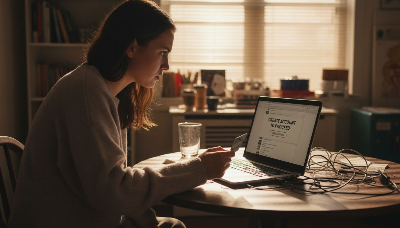 Shopper hesitating at forced account prompt