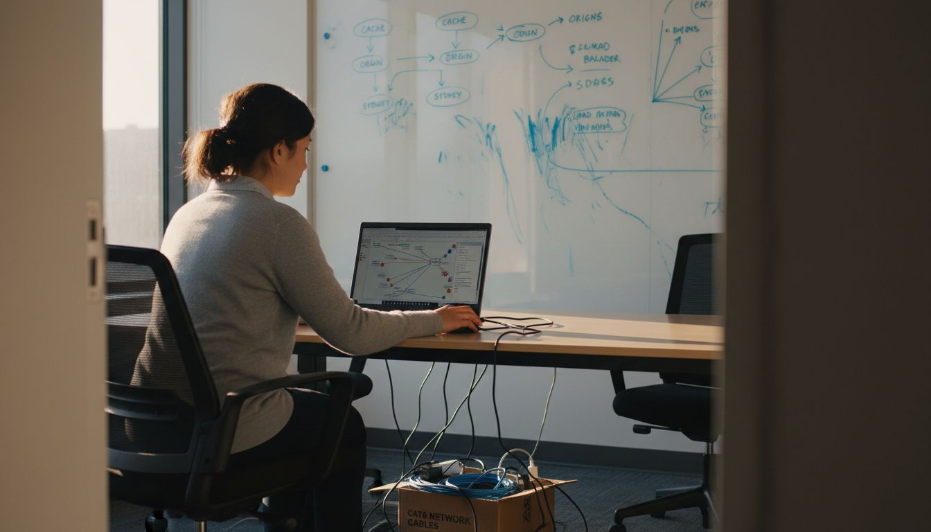 Engineer viewing CDN network map on laptop
