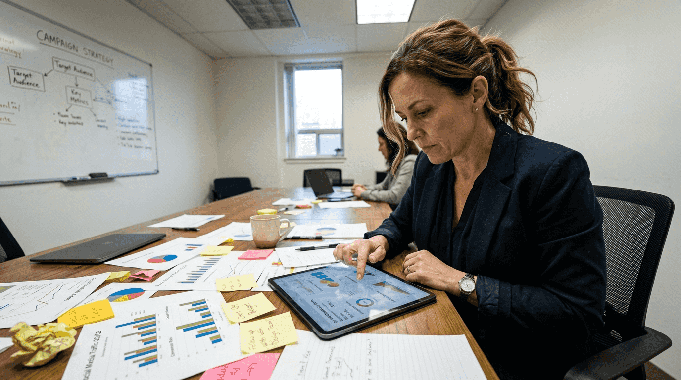 Marketer reviewing email optimization data on tablet