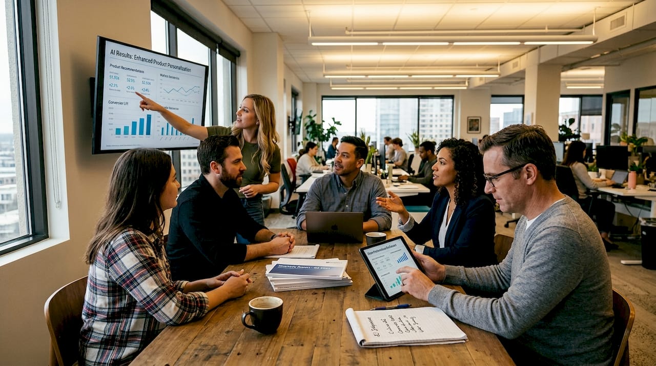 Team reviewing AI results in ecommerce meeting