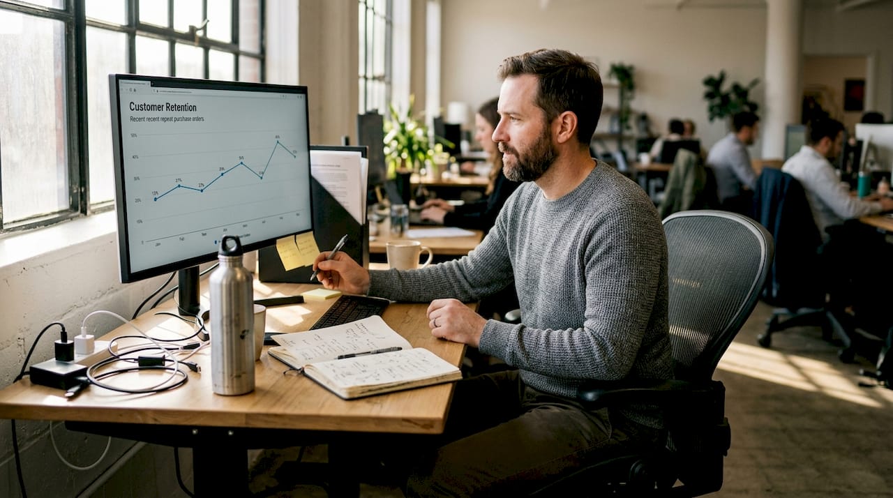 Man reviews repeat customer retention data