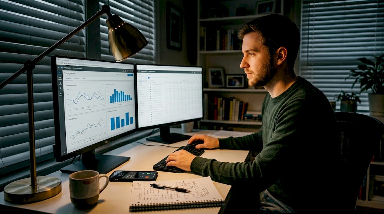 Marketer using AI ad tool at home office desk