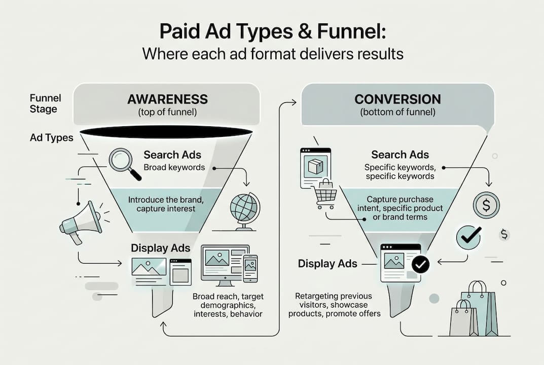 Infographic on paid ad types and funnel stages