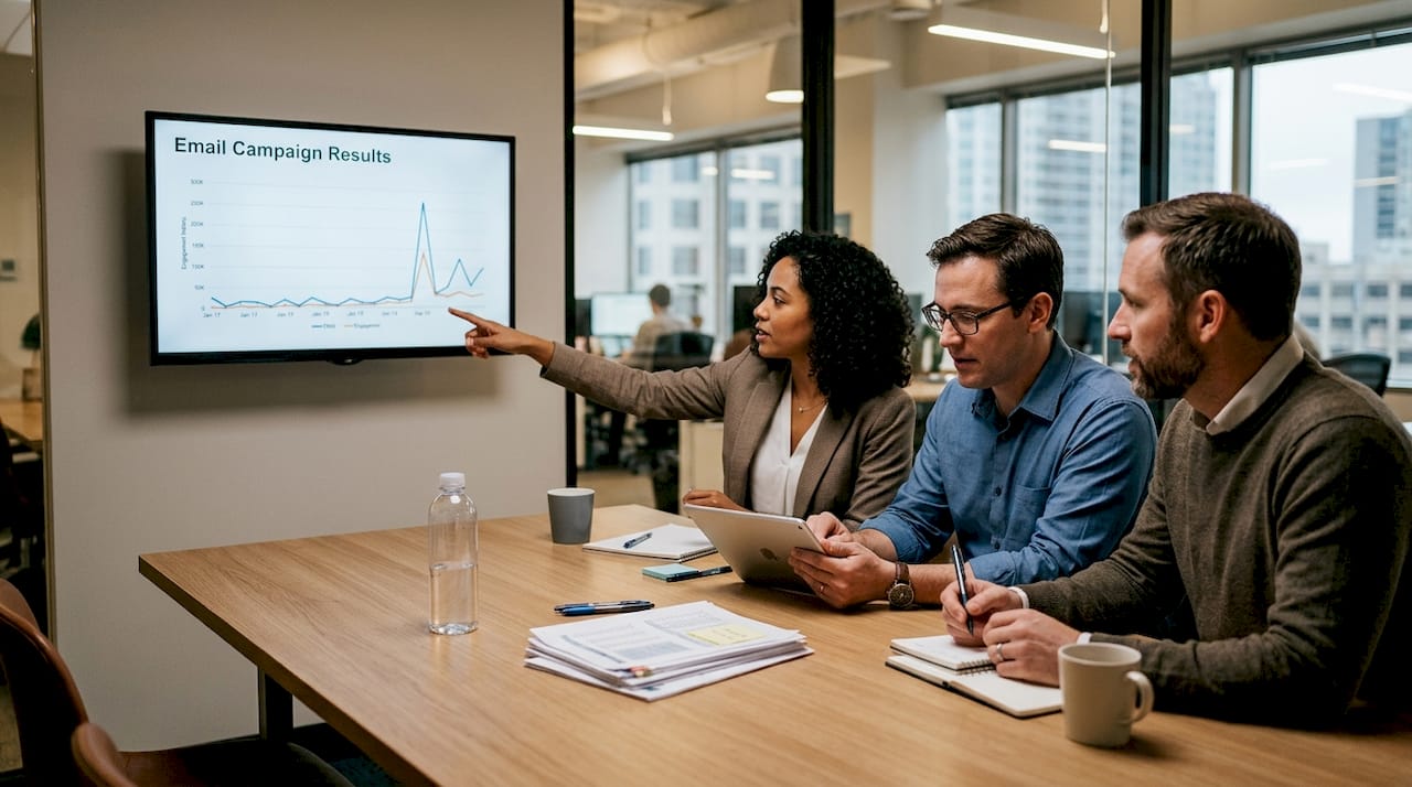 Team reviewing marketing automation campaign results