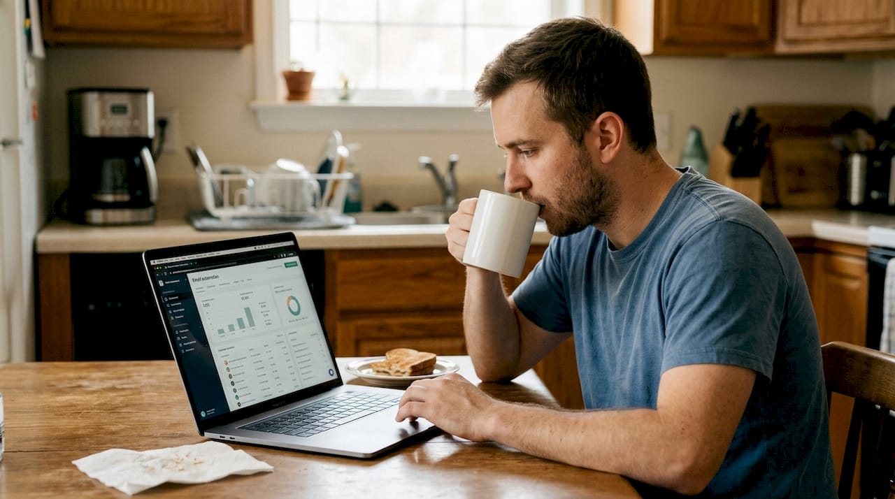 Man viewing email automation on kitchen laptop