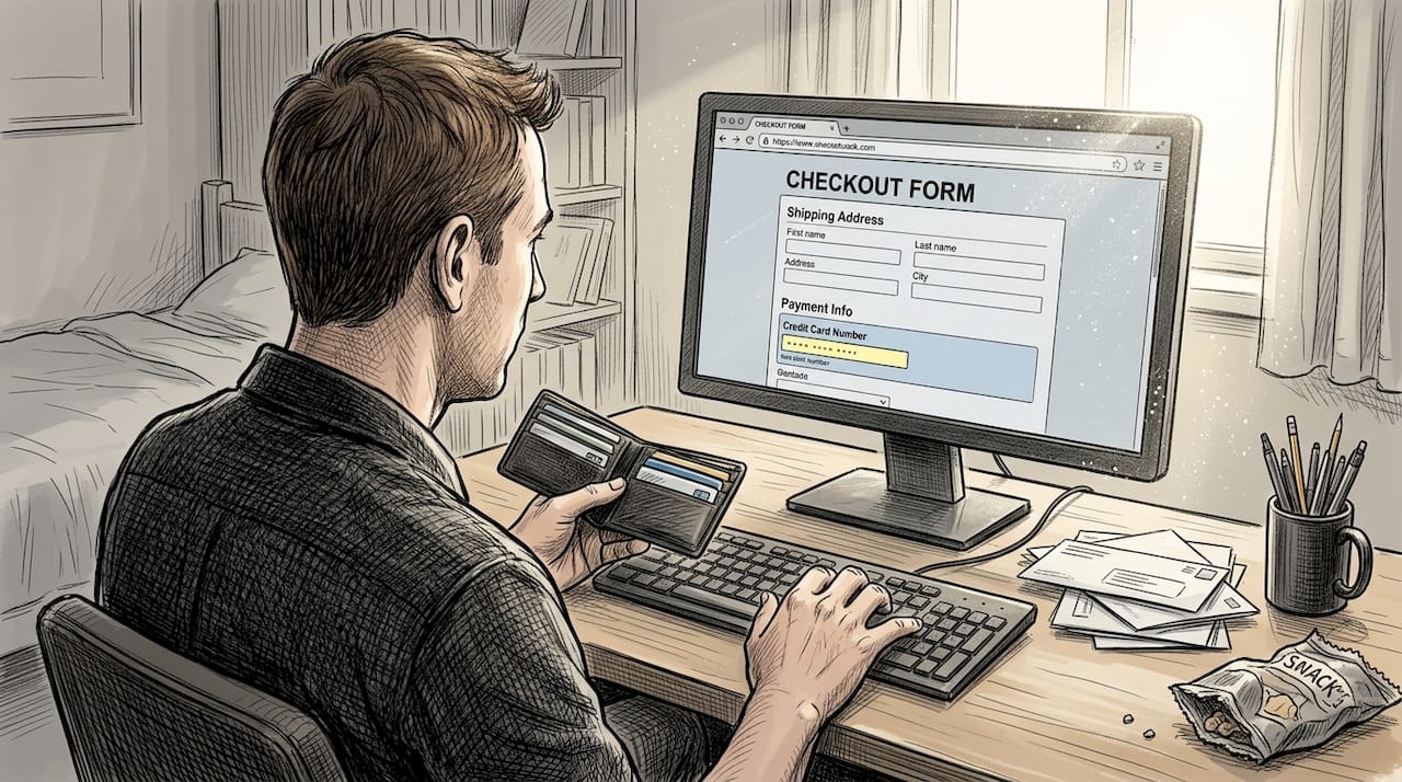 Man completing ecommerce checkout at home desk