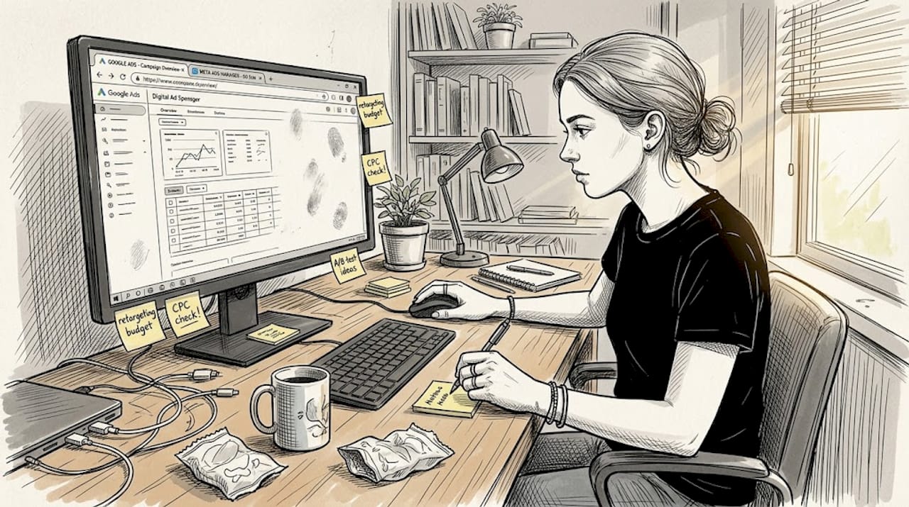 Ad specialist managing retargeting setup at desk