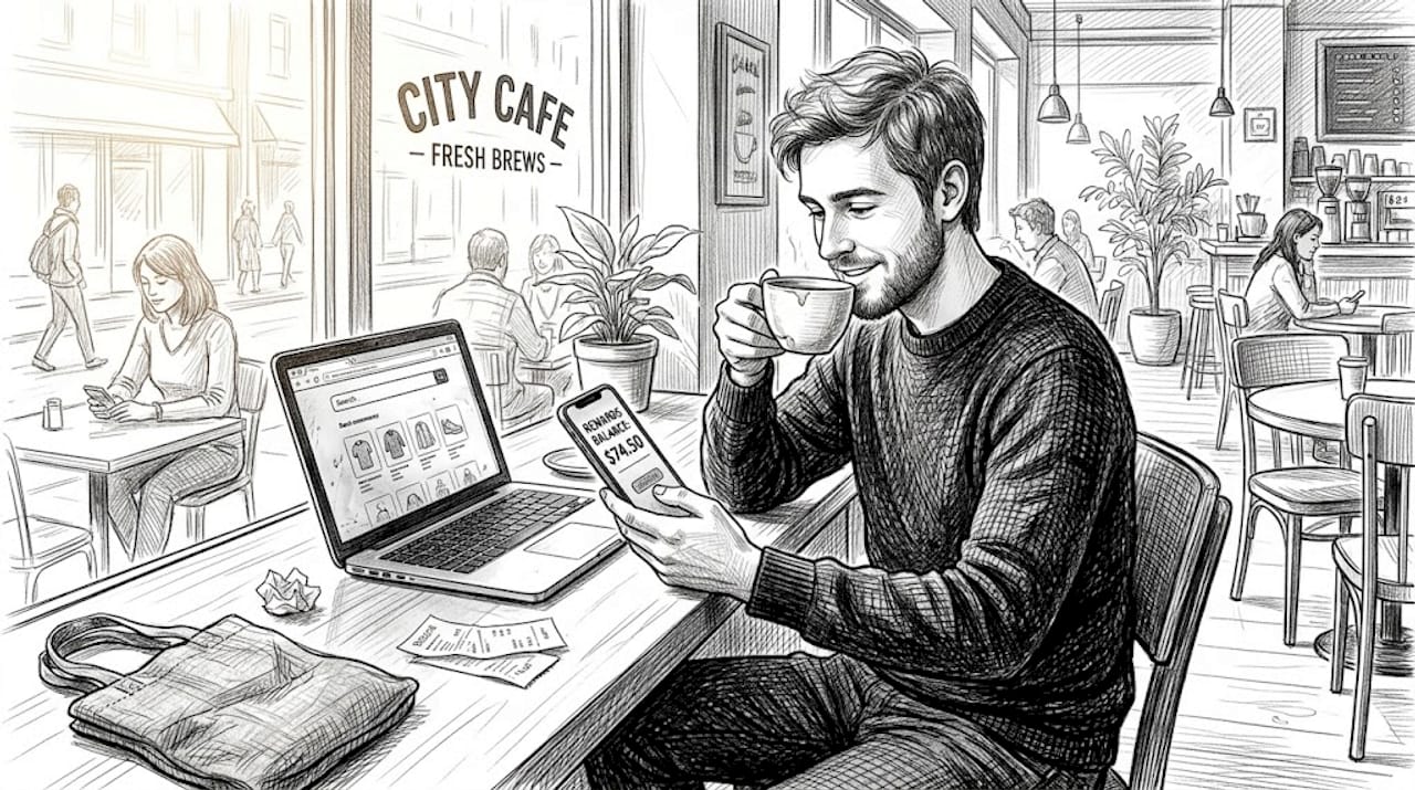 Customer checking loyalty rewards in café