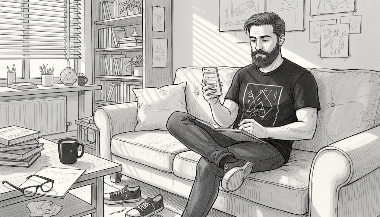 Designer optimizing mobile checkout on sofa