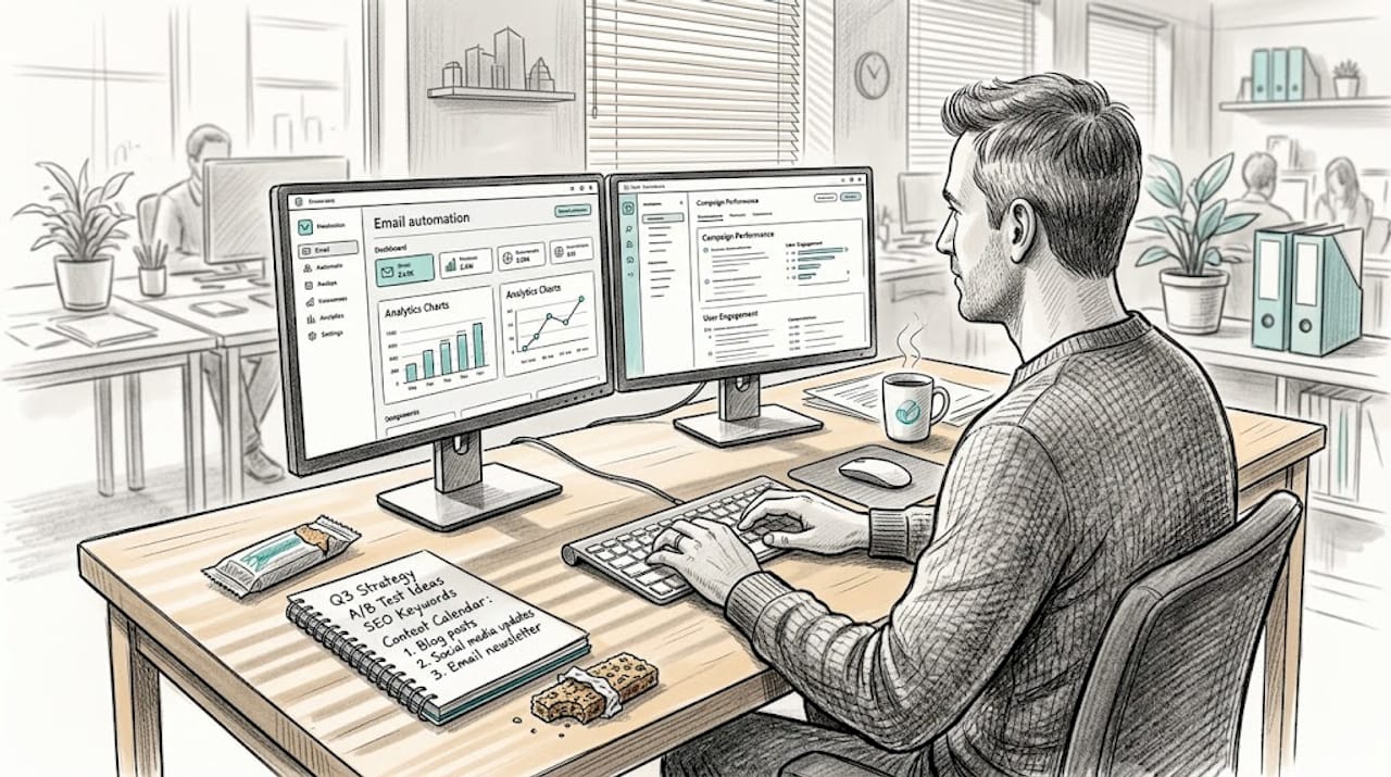 Manager working on email upsell strategy at desk