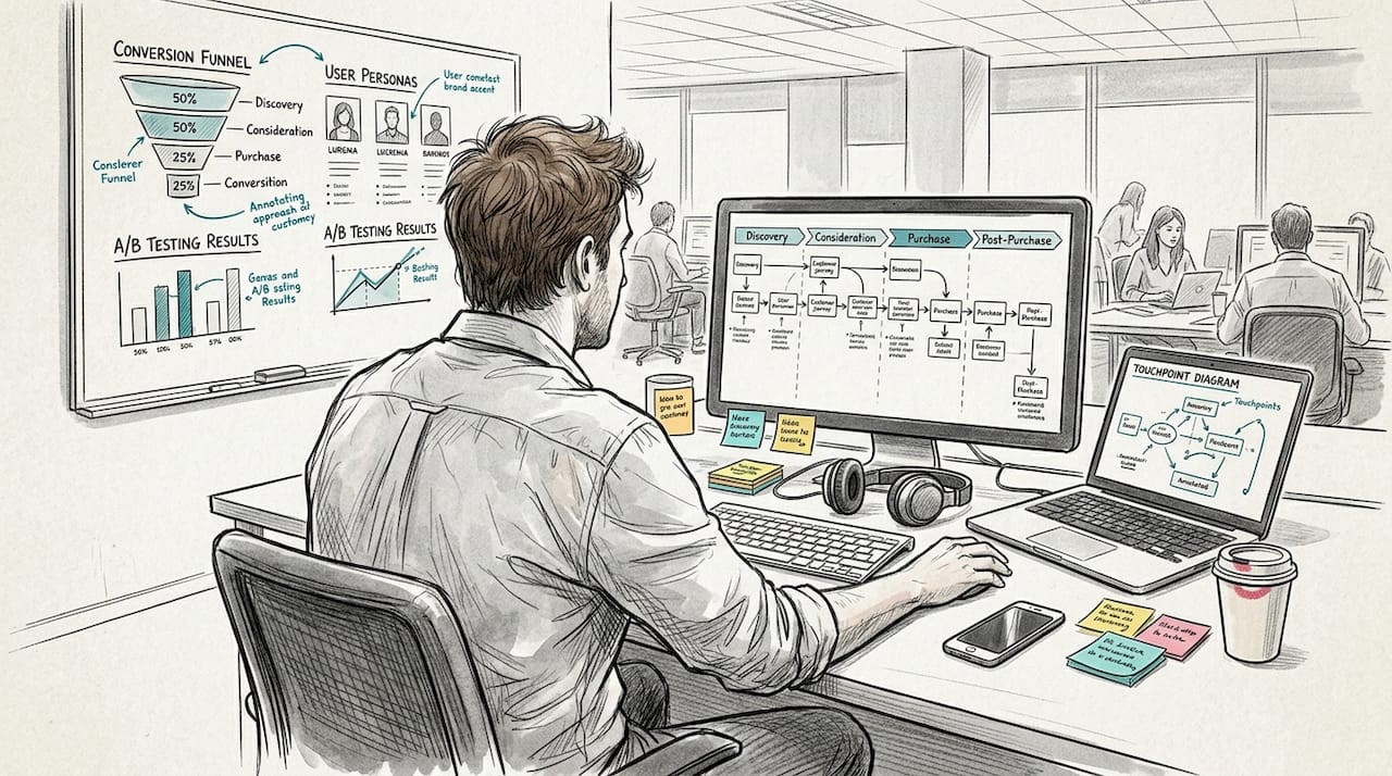 Manager reviewing customer touchpoint flow in office workspace