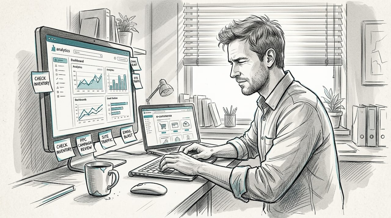 Ecommerce manager working at laptop in home office