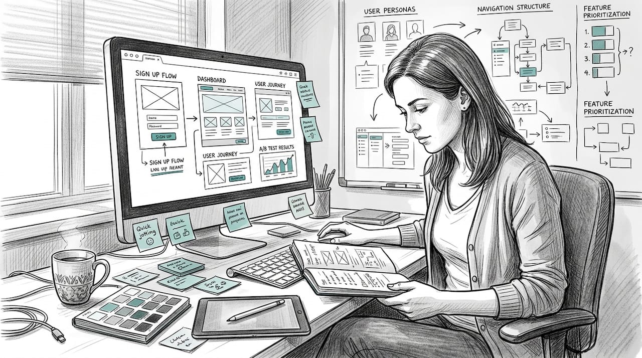 Retail UX designer at busy home office desk
