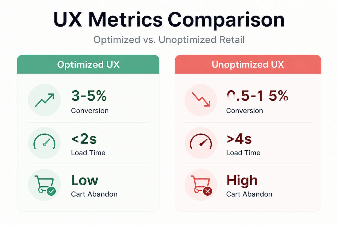 Infographic comparing optimized and unoptimized UX metrics