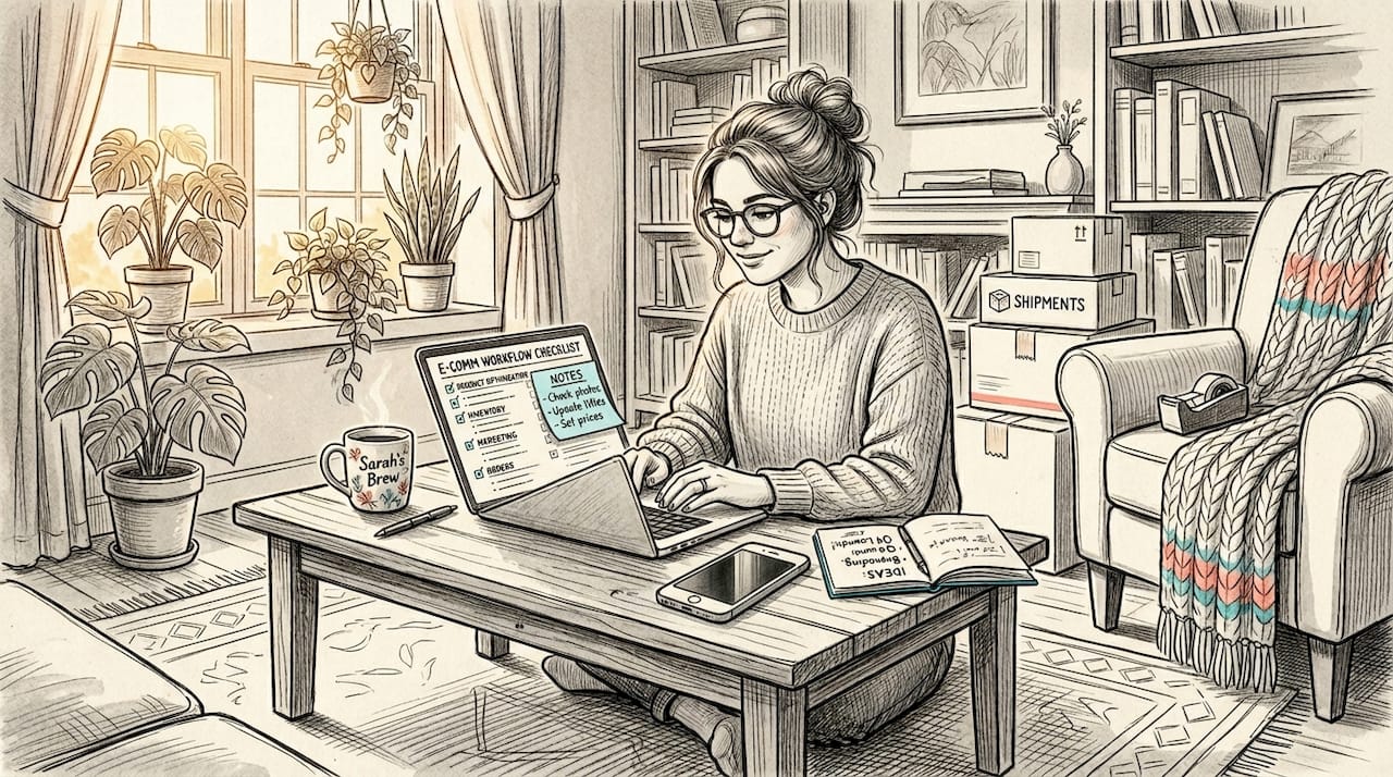 E-commerce manager creating workflow at kitchen table
